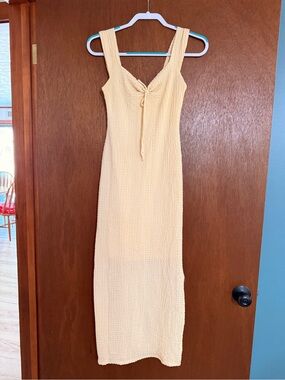 See You Monday Pale Yellow Textured Midi Dress with Front Tie